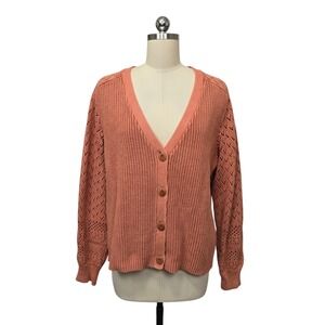 Sundance Open Knit Cardigan Coral Orange V Neck Button Front Women's Size Large